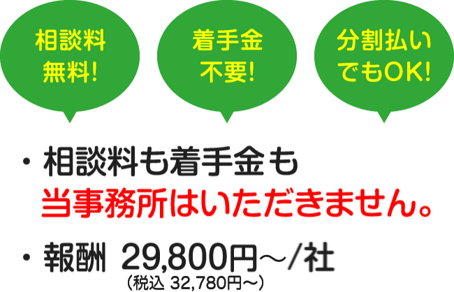 相談料も着手金も当事務所はいただきません。報酬 29,800円(税別)／社